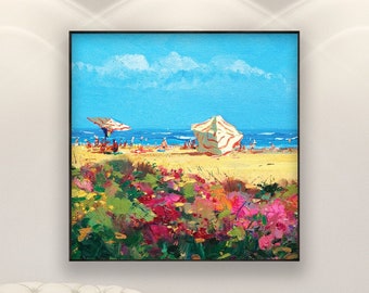 Peinture à l'huile impressionniste originale de plage, parasols de rivage modernes, décoration murale florale côtière, art déco