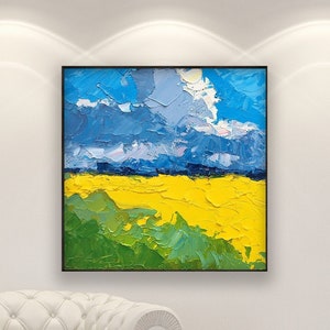 Abstract Landscape Oil Painting on Canvas, Original Modern Square Art, Textured Wall Decor for Living Room, Large Wall Art