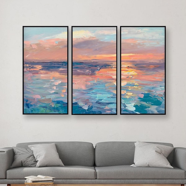 Abstract Sunset Painting Print, Giclée Triptych Ocean Canvas Art, Impressionist 3 Piece Wall Decor