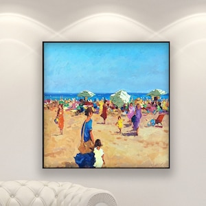 Beach Oil Painting on Canvas, Vibrant Seaside Scene with People, Impressionist Coastal Ocean Art, Modern Wall Decor for Living Room, Gift