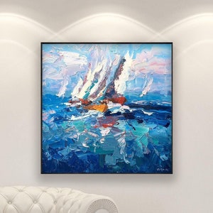 Pintura de velero sobre lienzo, arte mural náutico original, pintura abstracta de barco oceánico, decoración costera para sala de estar, lienzo de velero grande