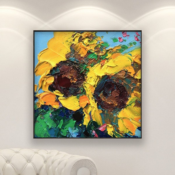 Original oljemålning med solrosor, modern impressionistisk väggdekoration med gul blommig trädgård och impasto