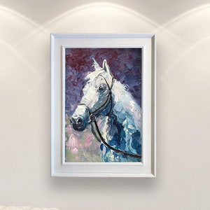 White Horse Painting on Canvas, Original Art, Animal Portrait Painting, Impressionist Art, Vertical Art, Horse Decor, Gift for Horse Lover