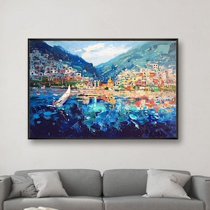 Positano Italy Painting on Canvas, Original Oil on Canvas, Textured Coastal Wall Art, Italian Seaside Decor for Living Room, Gift for Her