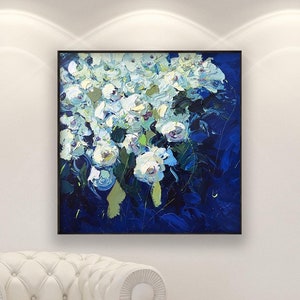 White Roses Painting on Canvas, Original Oil Modern Textured Floral Wall Art for Living Room, Wall Decor and Unique Gift for Her