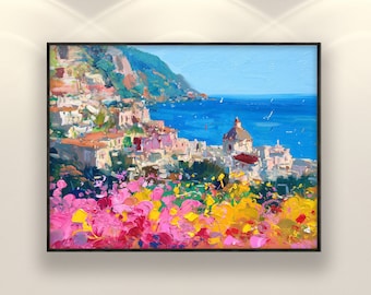 Positano Painting on Canvas, Original Art, Italy Wall Art, Seascape Art, Amalfi Coast, Impressionist Art, Living Room Wall Art, Large Art