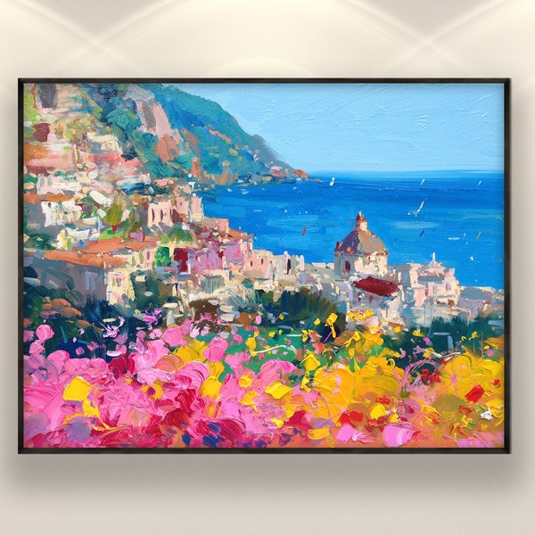 Positano Painting on Canvas, Original Art, Italy Wall Art, Seascape Art, Amalfi Coast, Impressionist Art, Living Room Wall Art, Large Art