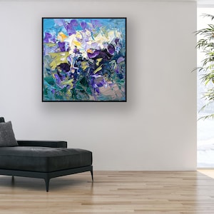 Flowers Painting on Canvas, Original Oil Painting, Modern Abstract Floral Wall Art for Bedroom Wall Decor, Home Decor, Unique Gift for Her displayed in a living room with a black sofa