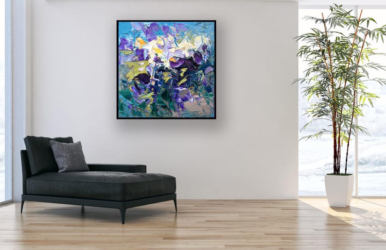 Flowers Painting on Canvas, Original Oil Painting, Modern Abstract Floral Wall Art for Bedroom Wall Decor, Home Decor, Unique Gift for Her displayed in a living room with a black sofa