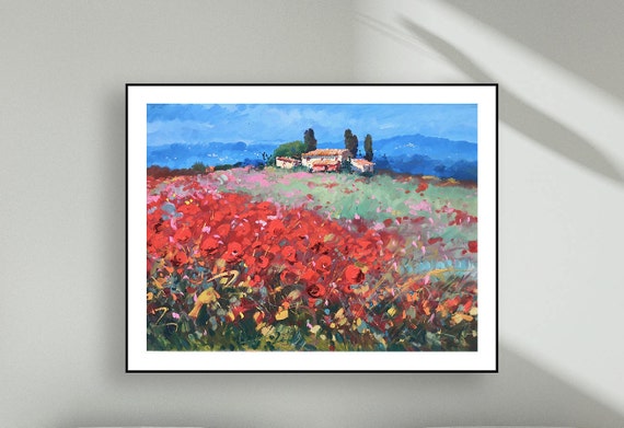 Red Poppies Art Tuscan Landscape Prints Modern Image 0