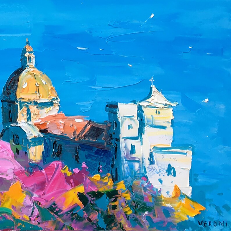 Close-up detail of the church dome and textured brushstrokes in a panoramic Positano oil painting with floral foreground.