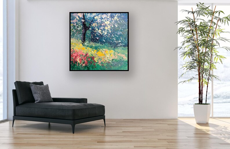 Landscape painting, original oil painting on canvas hanging in a modern living room with a black sofa and home decor