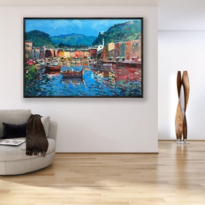 Portofino Painting on Canvas, Original Painting, Italy Painting, Seascape Painting, Impressionist Painting, Living Room Wall Art, Large Art image 3