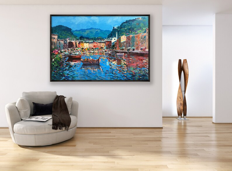 Portofino Painting on Canvas, Original Painting, Italy Painting, Seascape Painting, Impressionist Painting, Living Room Wall Art, Large Art image 3