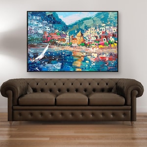 Positano Oil Painting on Canvas, Textured Coastal Wall Art, Impressionist Italian Seaside Landscape for Home Decor, Large Wall Art, Gift