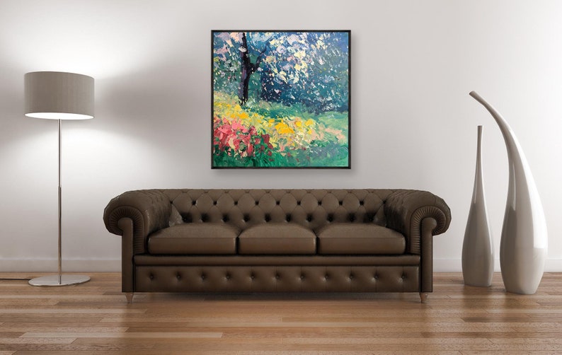 Landscape painting, original oil painting on canvas hanging in a modern living room with a brown sofa and home decor