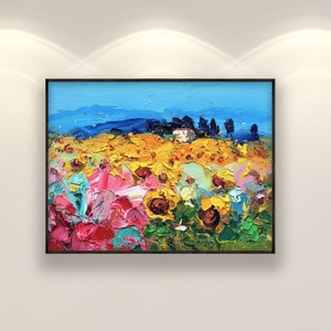 Landscape Painting on Canvas, Original Art, Sunflowers Art, Italy Wall Art, Floral Wall Art, Modern Art, Living Room Wall Art, Large Art image 2