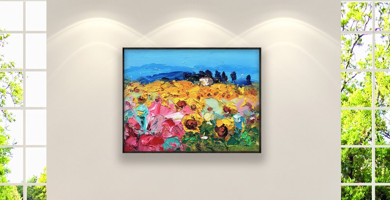 Landscape Painting on Canvas, Original Art, Sunflowers Art, Italy Wall Art, Floral Wall Art, Modern Art, Living Room Wall Art, Large Art image 2