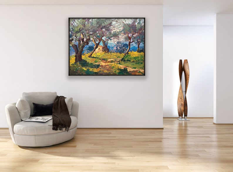 Olive Trees painting, original oil painting on canvas hanging in a modern living room with a beige sofa and home decor