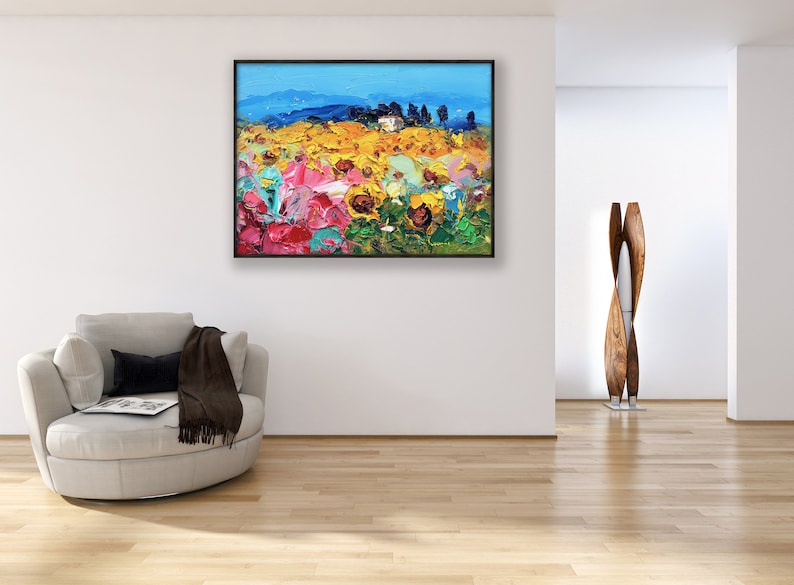 Landscape Painting on Canvas, Original Art, Sunflowers Art, Italy Wall Art, Floral Wall Art, Modern Art, Living Room Wall Art, Large Art image 4