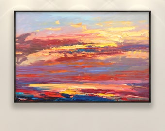 Coucher de soleil, peinture sur toile, oeuvre d'art originale, art abstrait, peinture de nuages, peinture de ciel, art moderne, oeuvre d'art murale de salon, grande oeuvre d'art murale