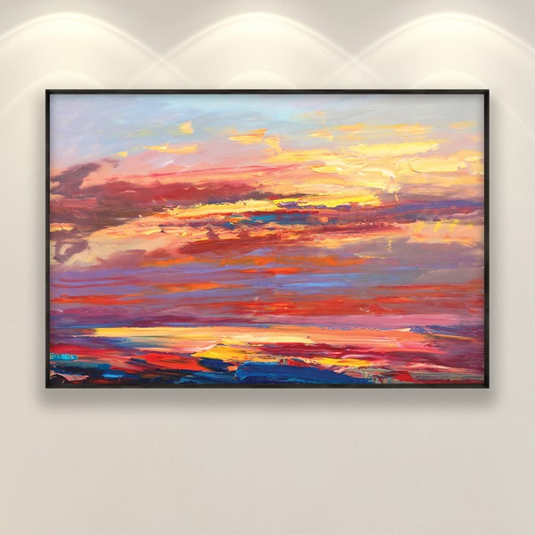 Sunset Painting on Canvas, Original Artwork, Abstract Art, Clouds Painting, Sky Painting, Modern Art, Living Room Wall Art, Large Wall Art