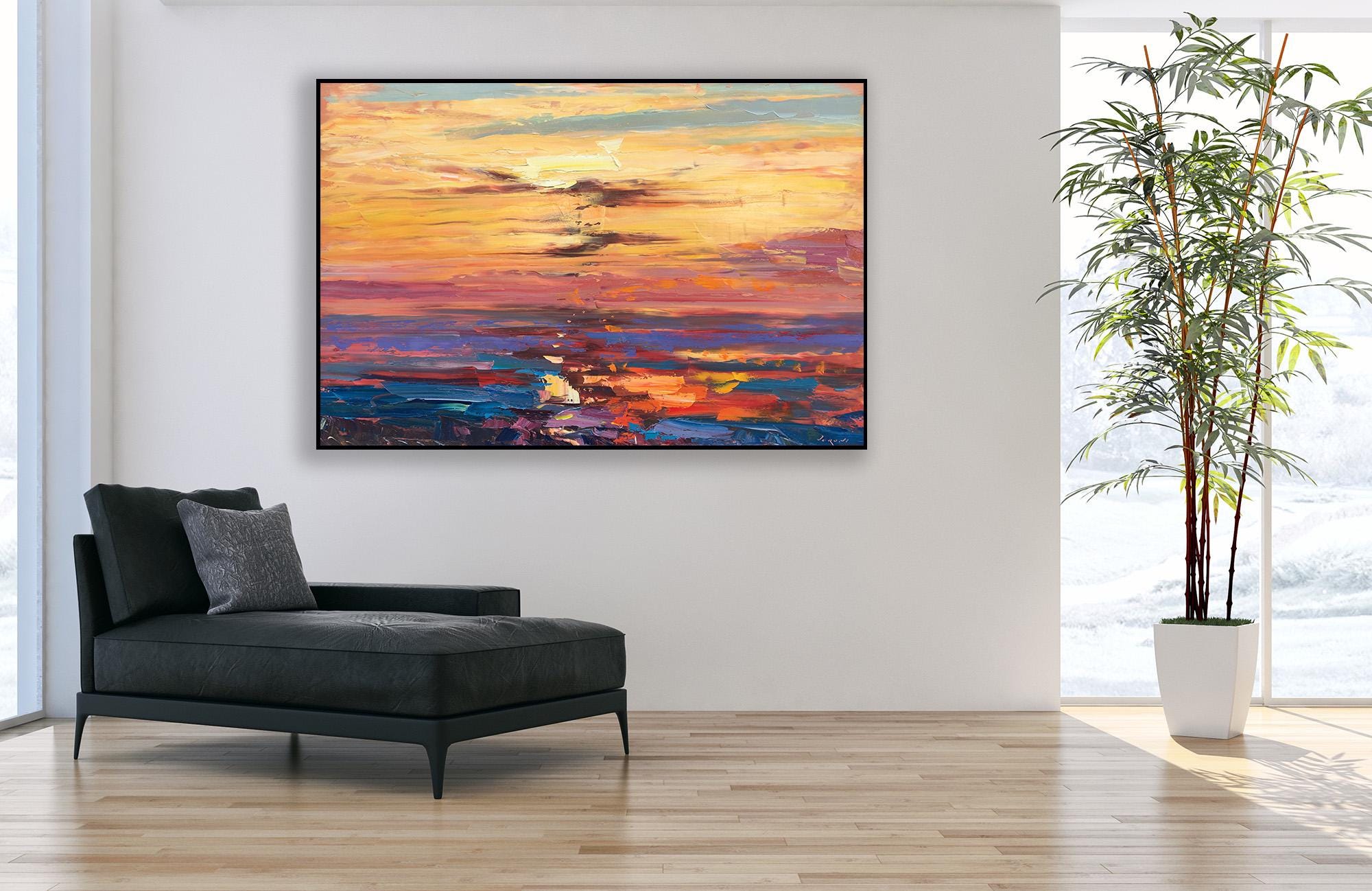 オリジナルの黄金の海の油絵、モダン印象派の夕日の海景、輝く空の