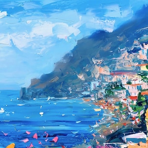 Original hand-painted oil painting on canvas close-up showing the Positano cliffside village on the Amalfi Coast, with deep blue sea, coastal houses, and expressive palette knife brushstrokes creating rich textured movement.