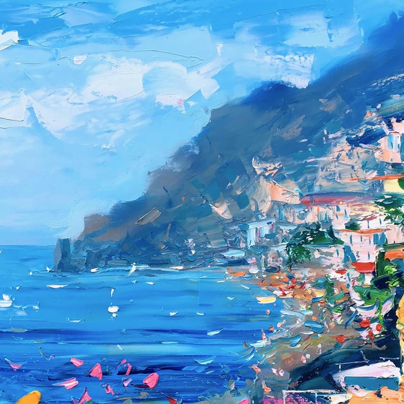 Original hand-painted oil painting on canvas close-up showing the Positano cliffside village on the Amalfi Coast, with deep blue sea, coastal houses, and expressive palette knife brushstrokes creating rich textured movement.