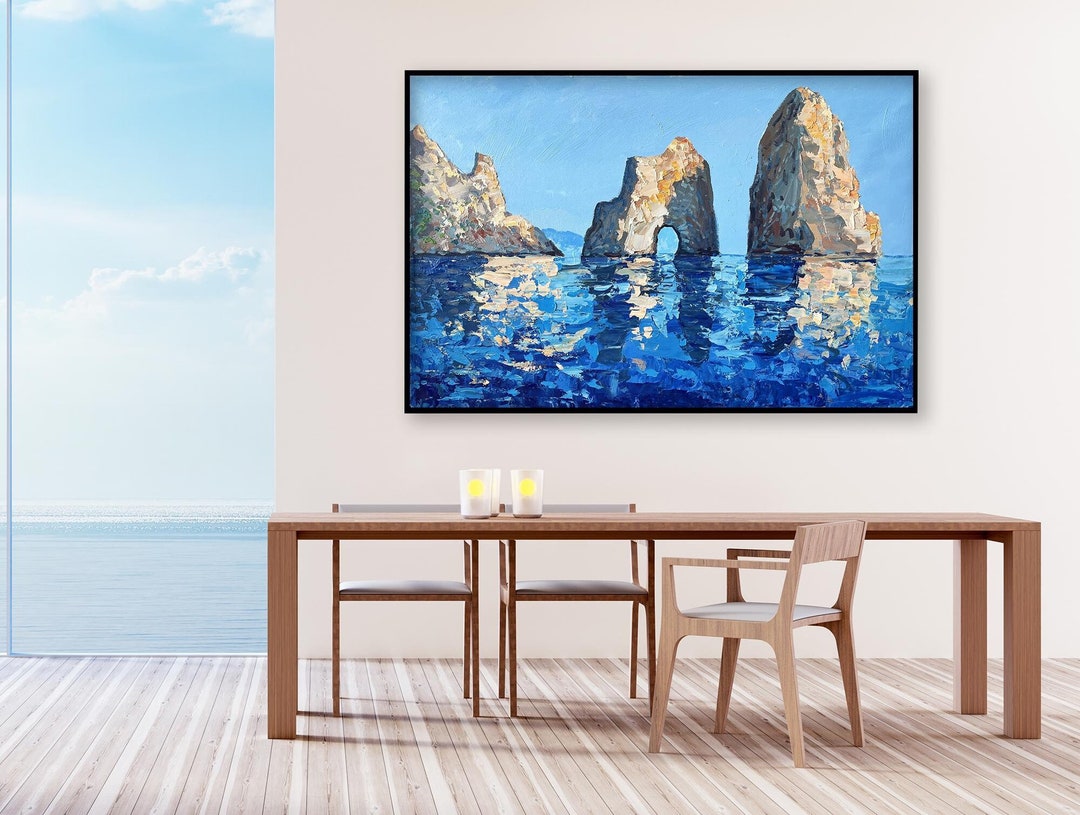 カプリ島のキャンバスに描かれた油絵、ファラリオーニの海景