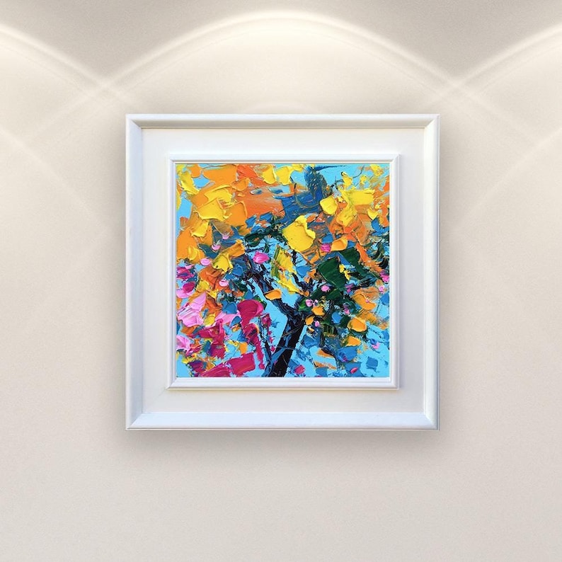 Trees oil painting on canvas, original modern textured floral wall art, framed, perfect for kitchen wall decor and as unique gift for her, displayed on the wall  in a stylish room