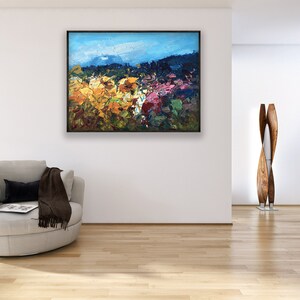 Landscape painting, original oil painting on canvas hanging in a modern living room with a beige sofa and home decor