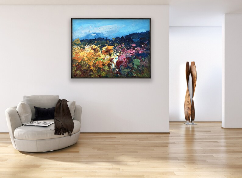 Landscape painting, original oil painting on canvas hanging in a modern living room with a beige sofa and home decor