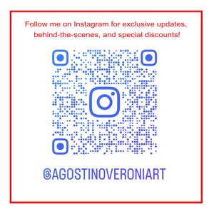 White square sign with a red border displaying a blue QR code and Instagram logo. The text invites viewers to follow the artist on Instagram for exclusive updates, behind-the-scenes content, and special discounts. The artist’s handle @AGOSTINOVERONIART is shown at the bottom.