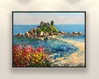 Taormina Painting on Canvas, Oil Painting, Original Art, Italy Wall Art, Beach Wall Art, Modern Art, Living Room Wall Art, Gift for Her