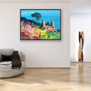 Ravello Flower Terrace Oil Painting, original hand-painted artwork shown in a cozy living room mockup, framed painting on a light wall with an armchair below.