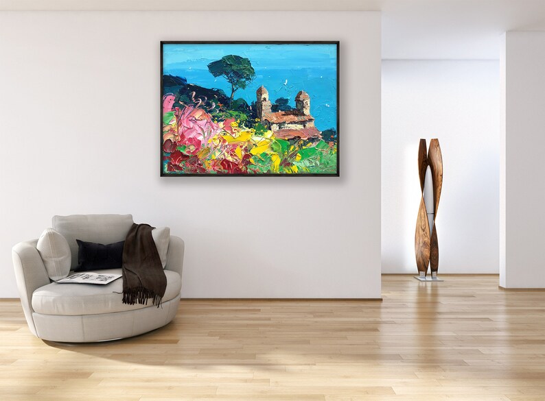 Ravello Flower Terrace Oil Painting, original hand-painted artwork shown in a cozy living room mockup, framed painting on a light wall with an armchair below.