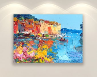 Impressions d'art mural Portofino, oeuvre d'art originale, oeuvre d'art sur toile Italie, impression murale paysage marin, art impressionniste, oeuvre d'art murale de salon, grande oeuvre d'art murale