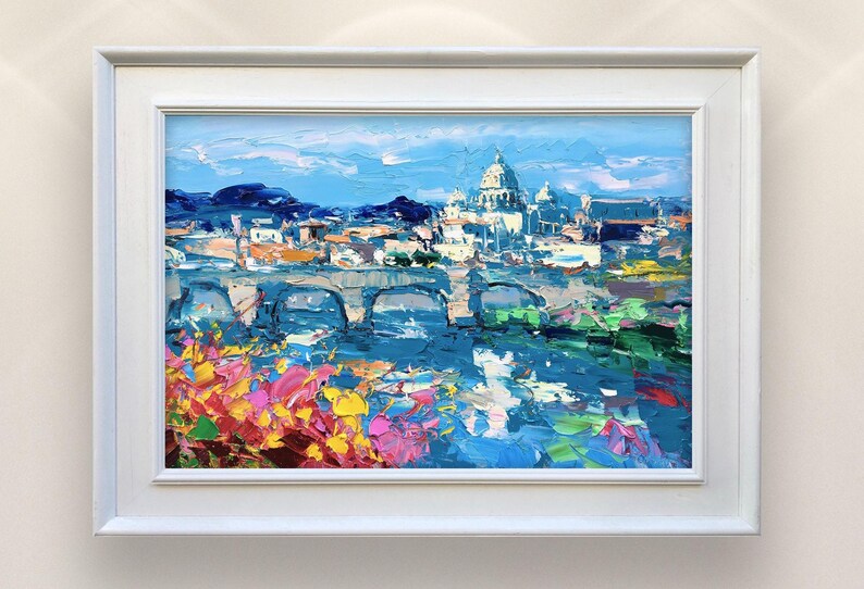 Hand painted Rome oil painting on canvas showing a textured view of Vatican City with colorful modern brushstrokes