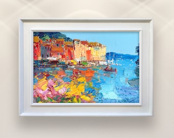 Original Portofino Oil Painting on Canvas, Sunlit Italian Riviera Coastal Wall Decor Artwork
