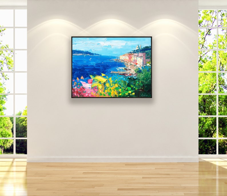 Portovenere painting, original oil painting on canvas hanging in a modern living room