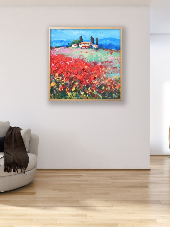 Original Tuscany Poppy Field Oil Painting, Impressionist Red Floral Landscape Farmhouse Wall Art