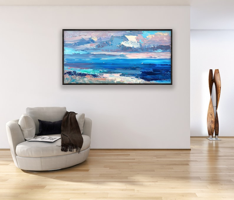 Abstract painting, original oil painting on canvas hanging in a modern living room with a beige sofa and home decor