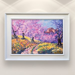 Blooming Peach Trees in Tuscany – Impressionist Oil Painting on Canvas, Countryside Landscape Wall Art for Bedroom Decor or Gift for Her
