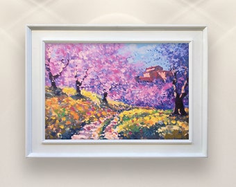 Landscape Painting on Canvas, Original Art, Peach Trees Painting, Tuscany Painting, Italy Art, Impressionist Art, Living Room Wall Art, Gift