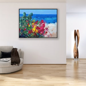 Beach Painting on Canvas, Original Art, Seascape Painting, Cactus Wall ...