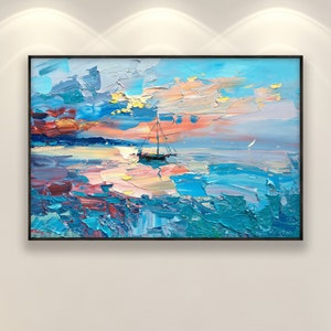 Sonnenuntergangsgemälde auf Leinwand, Originalgemälde, Meeresgemälde, abstrakte Kunst, Segelbootkunst, Meereslandschaftskunst, moderne Kunst, Wohnzimmer-Wanddekoration