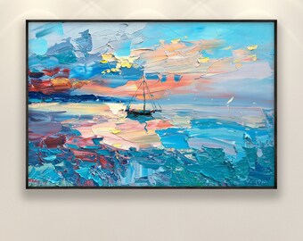 Sunset Painting on Canvas, Original Painting, Ocean Painting, Abstract Art, Sailboat Art, Seascape Art, Modern Art, Living Room Wall Decor