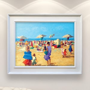 Summer Beach Painting on Canvas, Colorful Figurative Art, Large Coastal Scene with People, Vibrant Beach Umbrellas, Beach House Wall Decor