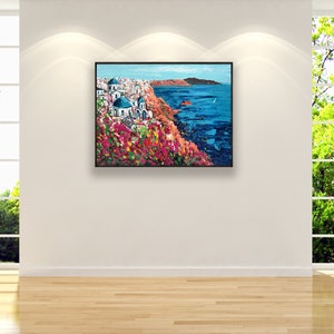Santorini Painting on Canvas, Original Painting, Greece Painting, Seascape Painting, Impressionist Art, Living Room Wall Art, Large Wall Art image 3